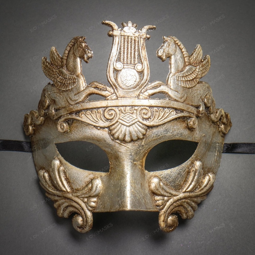 Silver Roman Greek Emperor Pegasus Horses Venetian Men Party Dance Face Mask